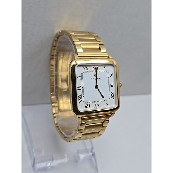 Titan Quartz Gold Tone Square Watch White 29mm Roman Bracelet New Battery 510YAC - Picture 3 of 12